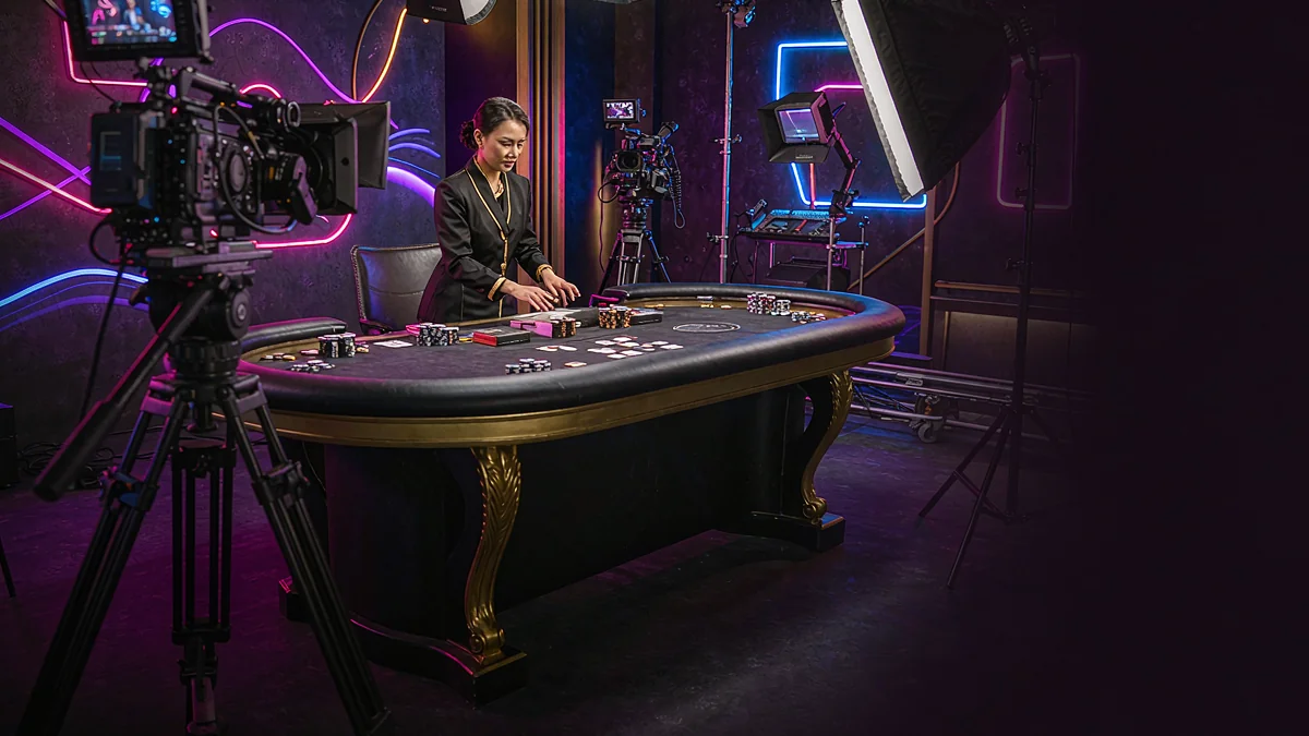 Camera and studio lighting facing a casino table — xp786 guidance Camera and studio lighting facing a casino table
